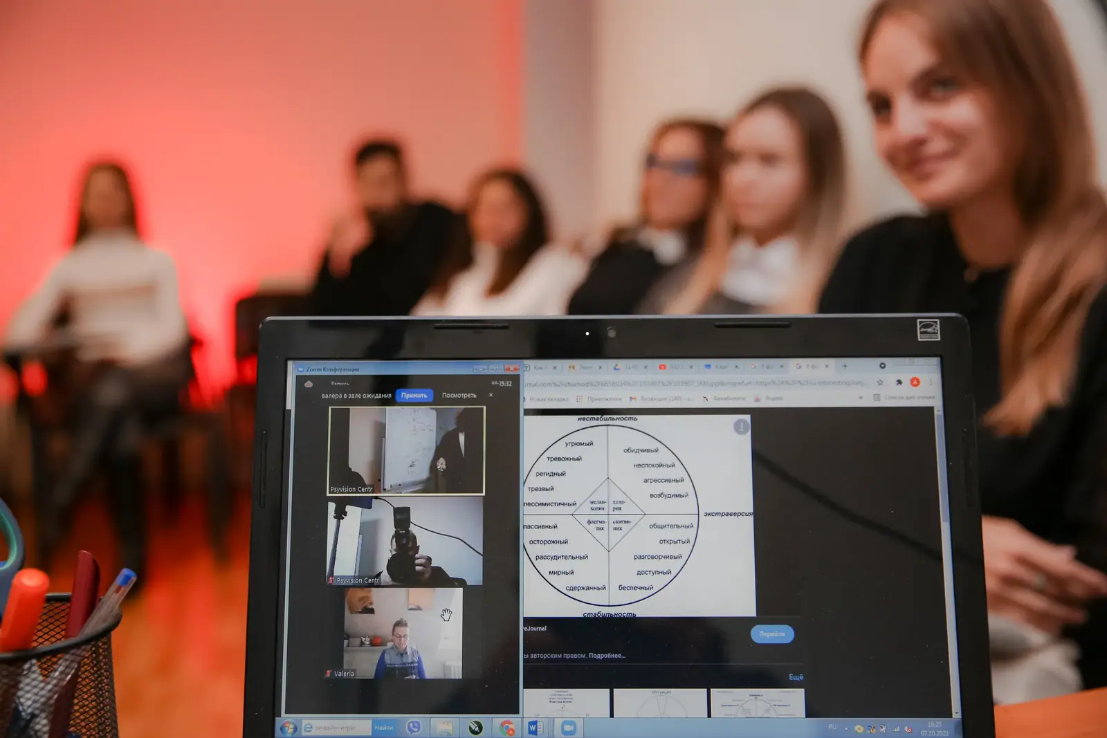 The group in the room and participants on video in one session